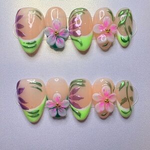 Neon Green & Pink Floral 3D Press-On Nails
